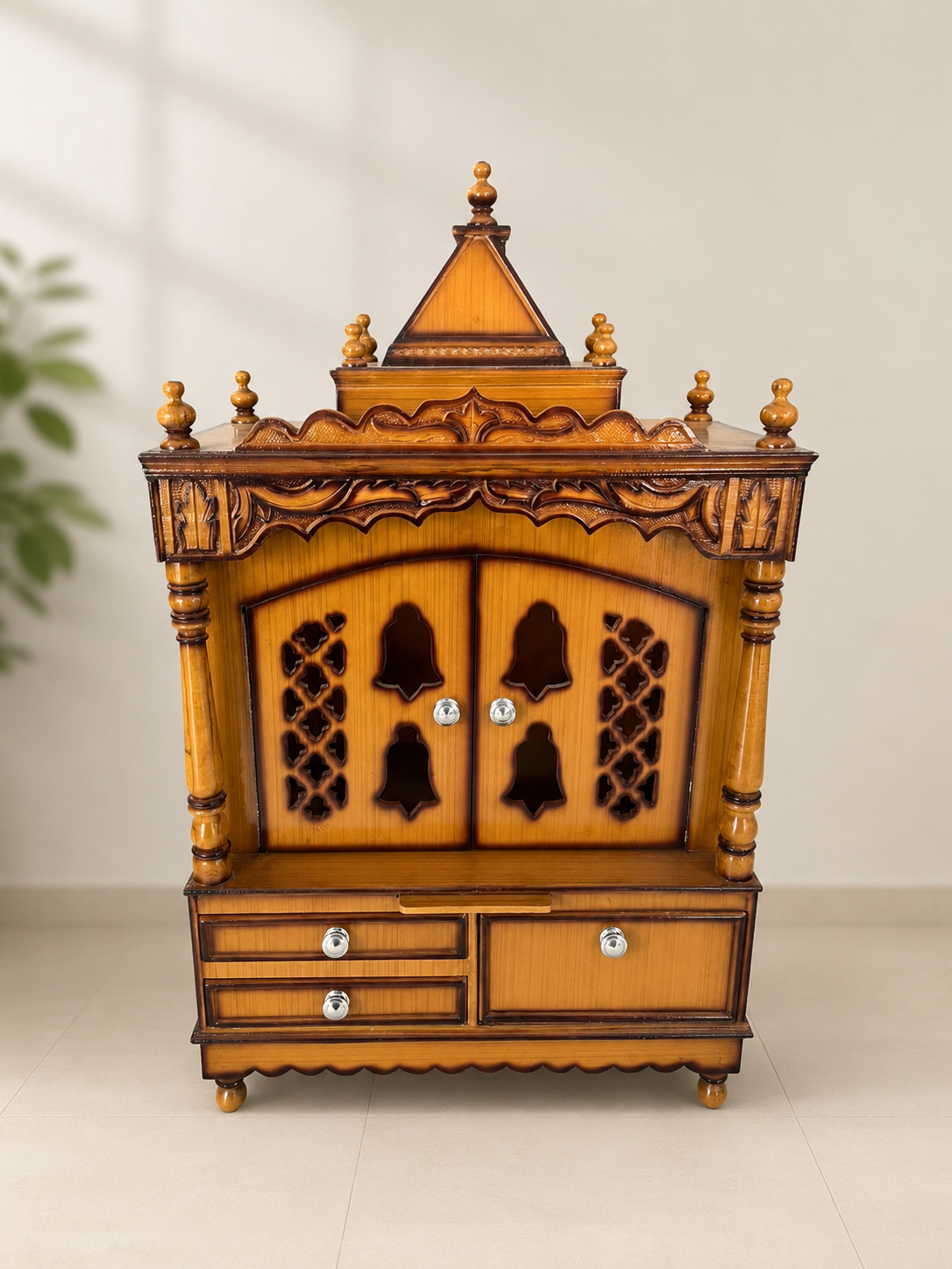 Solid Wooden Temple with Sangwan wood Design with Storage Drawers (Honey Walnut Finish)