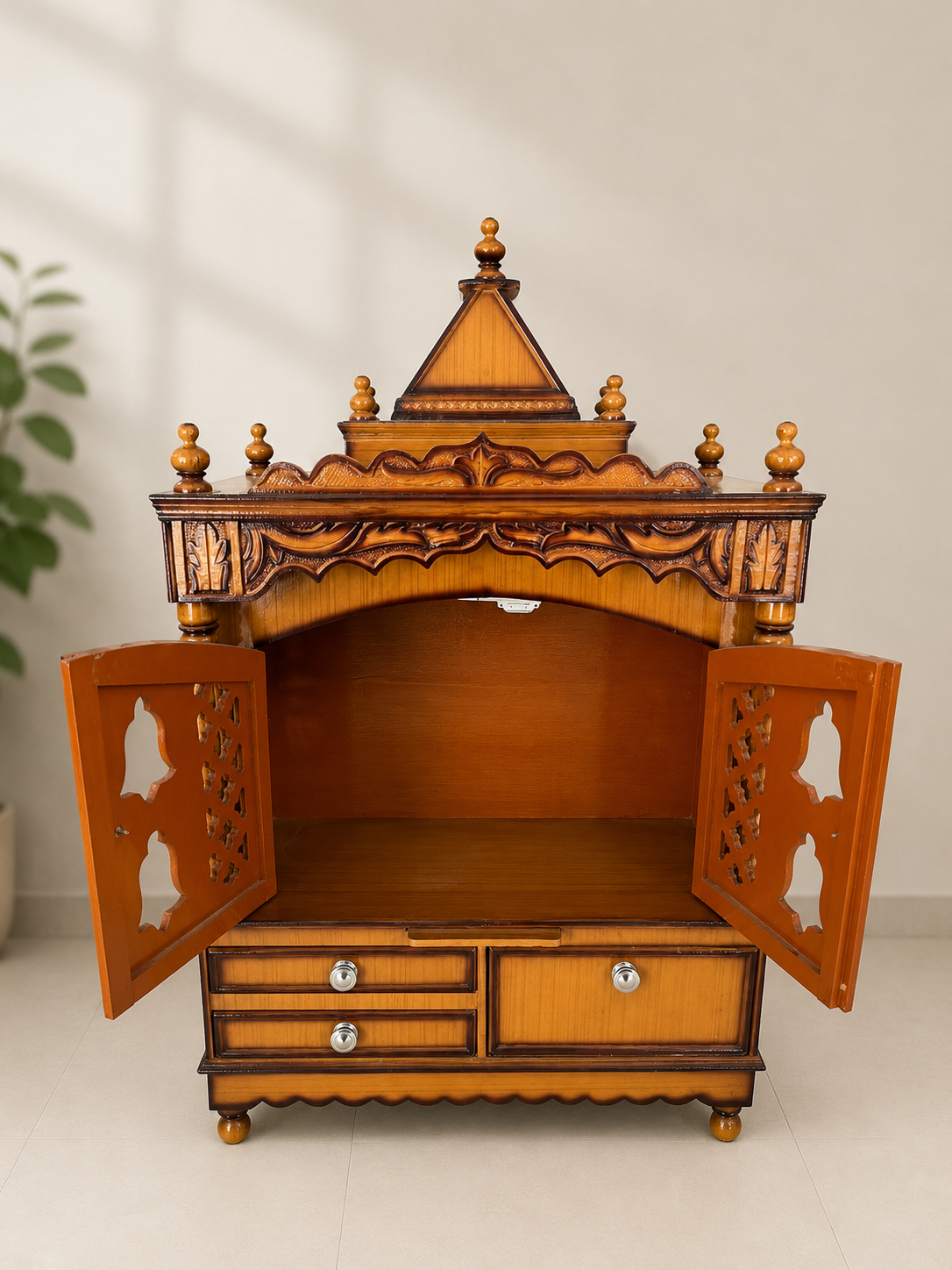 Solid Wooden Temple with Sangwan wood Design with Storage Drawers (Honey Walnut Finish) - Image 2