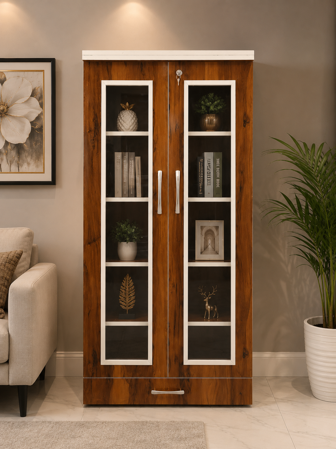 Wooden Storage Cabinet with Glass Doors & Drawer