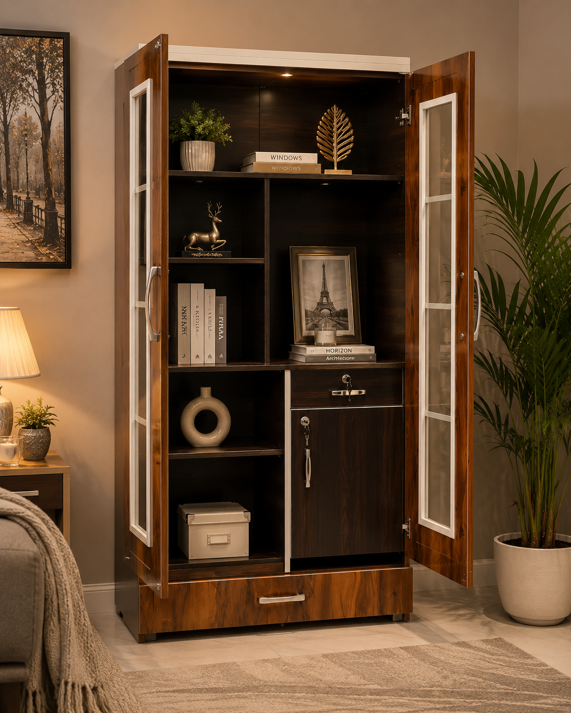 Wooden Storage Cabinet with Glass Doors & Drawer - Image 3