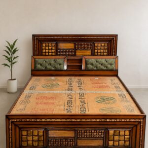 King Size Wooden Bed with Cushioned Headboard & Storage