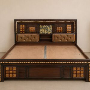 King Size Wooden Bed with Cushioned Headboard & Storage