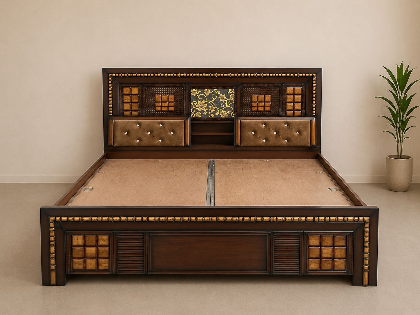 King Size Wooden Bed with Cushioned Headboard & Storage