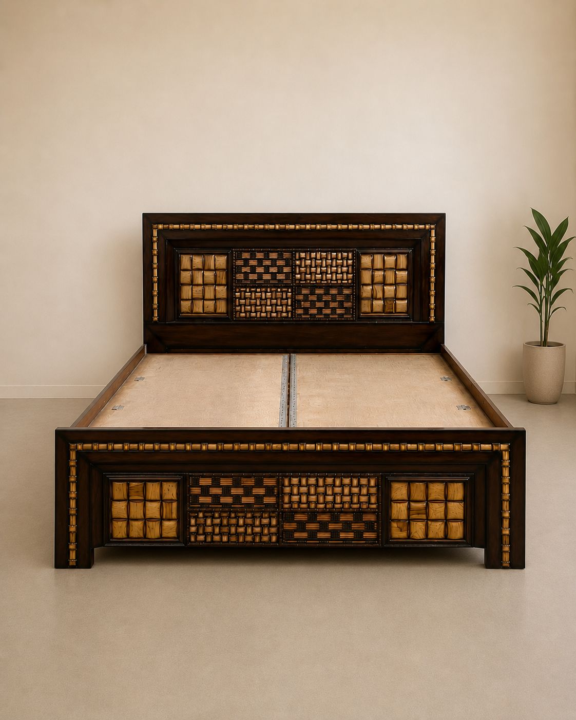 King Size Wooden Bed with Cushioned Headboard & Storage - Image 3