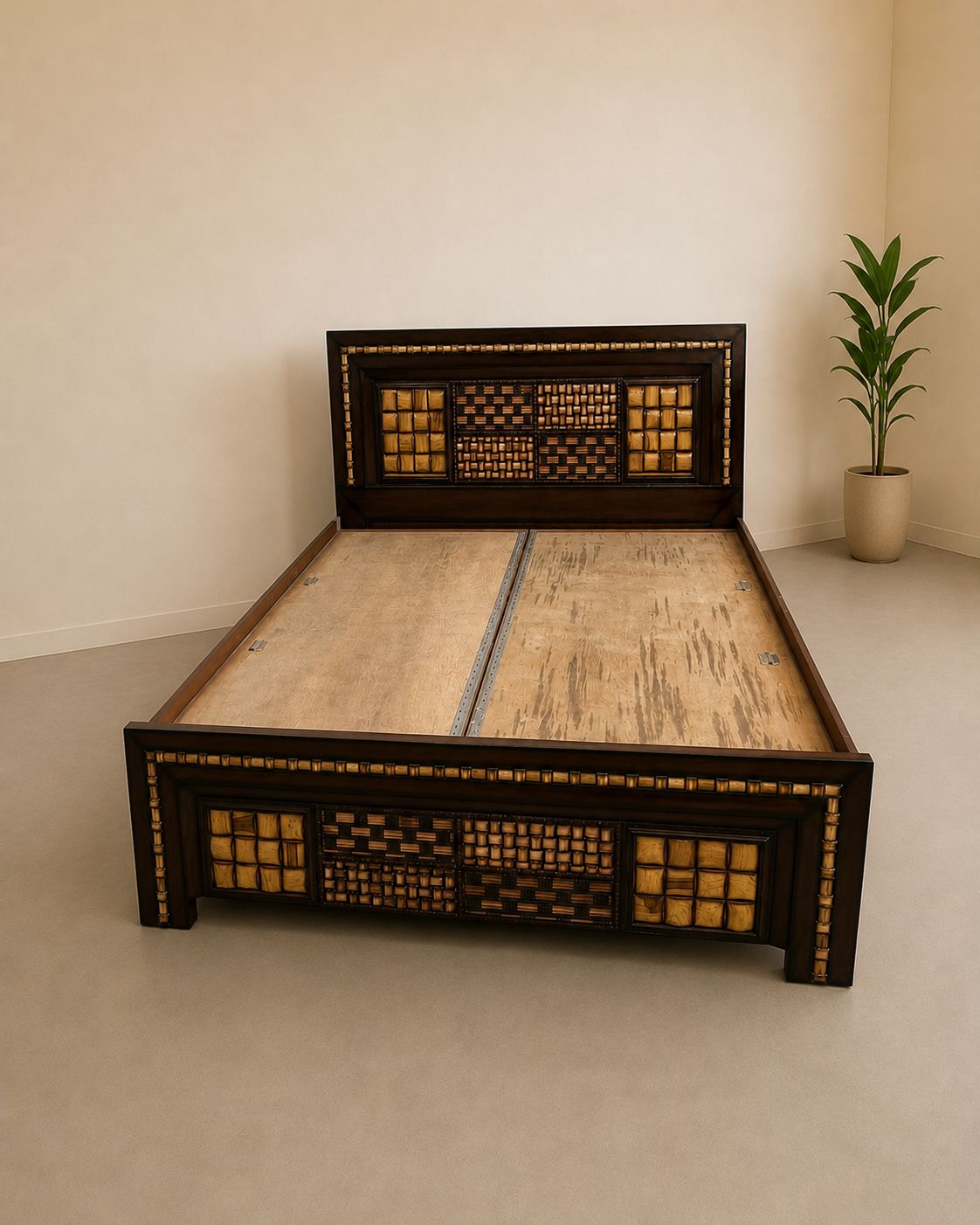 King Size Wooden Bed with Cushioned Headboard & Storage - Image 2