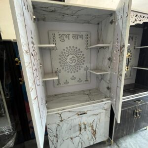 Wooden Pooja Mandir with Drawer & Cabinet Storage & Om Cutwork Design