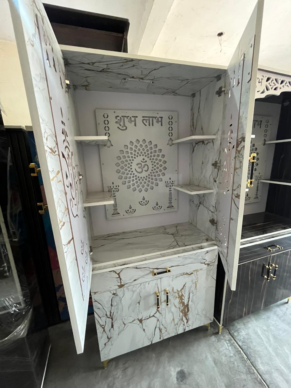 Wooden Pooja Mandir with Drawer & Cabinet Storage & Om Cutwork Design