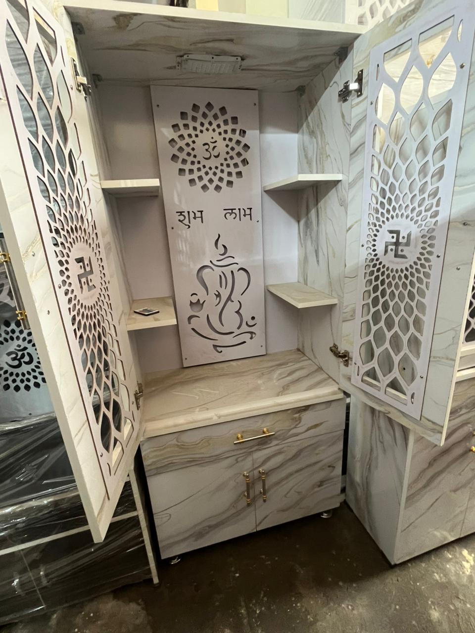Wooden Pooja Mandir with Drawer & Cabinet Storage & Om Cutwork Design - Image 2