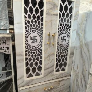 Wooden Pooja Mandir with Drawer & Cabinet Storage & Om Cutwork Design