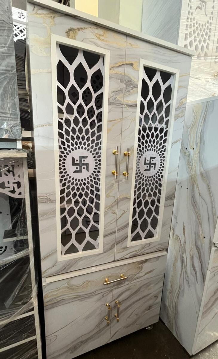 Wooden Pooja Mandir with Drawer & Cabinet Storage & Om Cutwork Design