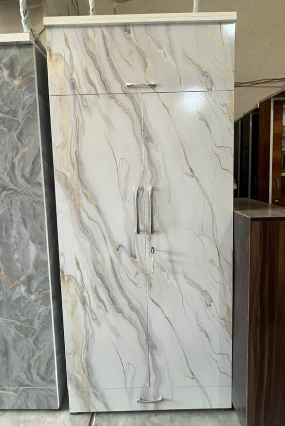 Marble Finish 2 Door Wooden Wardrobe with Storage Drawer | Modern Bedroom Almirah