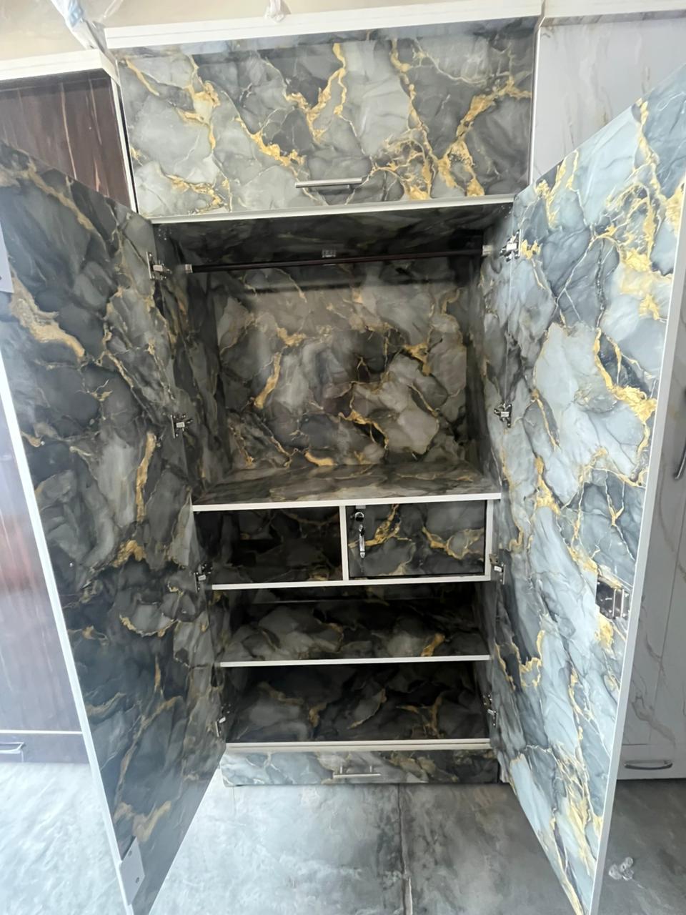 Grey Marble Almirah with Drawer & Multi Storage Shelves