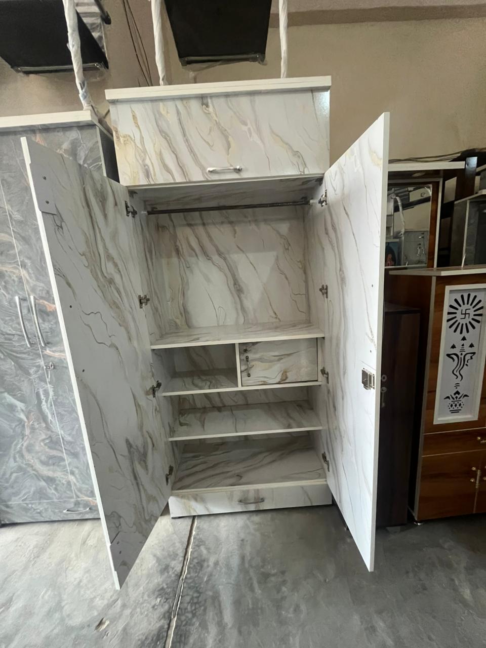 Marble Finish 2 Door Wooden Wardrobe with Storage Drawer | Modern Bedroom Almirah - Image 2