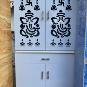 Elegant White Wooden Mandir with Ganesh Design with Drawer & cabinet storage.