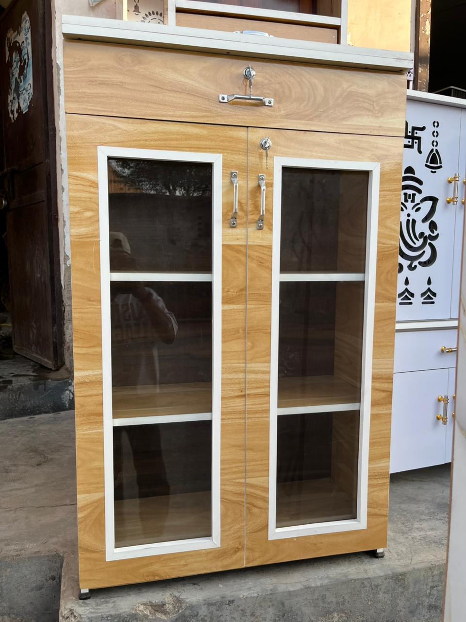 Wooden Multipurpose Cabinet with Glass Doors & Storage Drawer