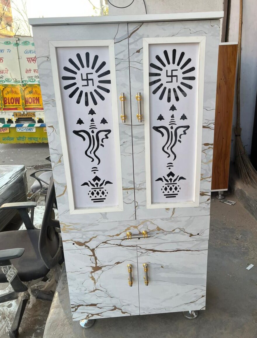 Wooden Pooja Mandir with Storage & Om Cutwork Design