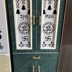 Wooden Marble Finish Pooja Mandir with Storage & Om Cutwork Design