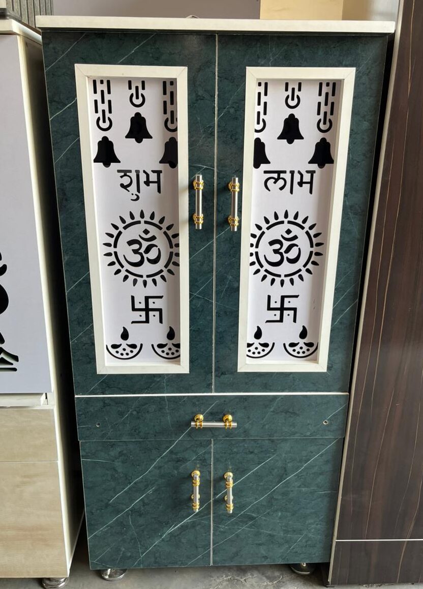 Wooden Marble Finish Pooja Mandir with Storage & Om Cutwork Design
