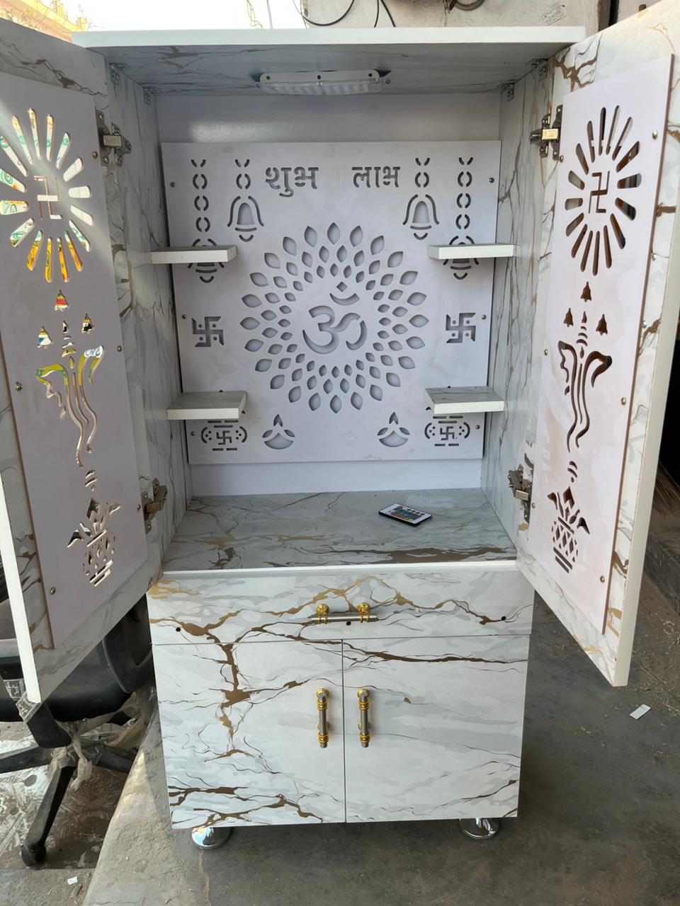 Wooden Pooja Mandir with Storage & Om Cutwork Design - Image 2