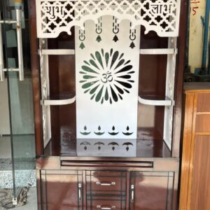 Premium Wooden Pooja Mandir with Storage & Decorative Jaali with Golden ligh Design