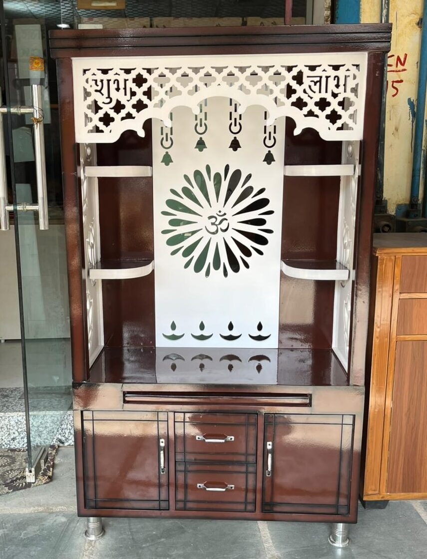 Premium Wooden Pooja Mandir with Storage & Decorative Jaali with Golden ligh Design