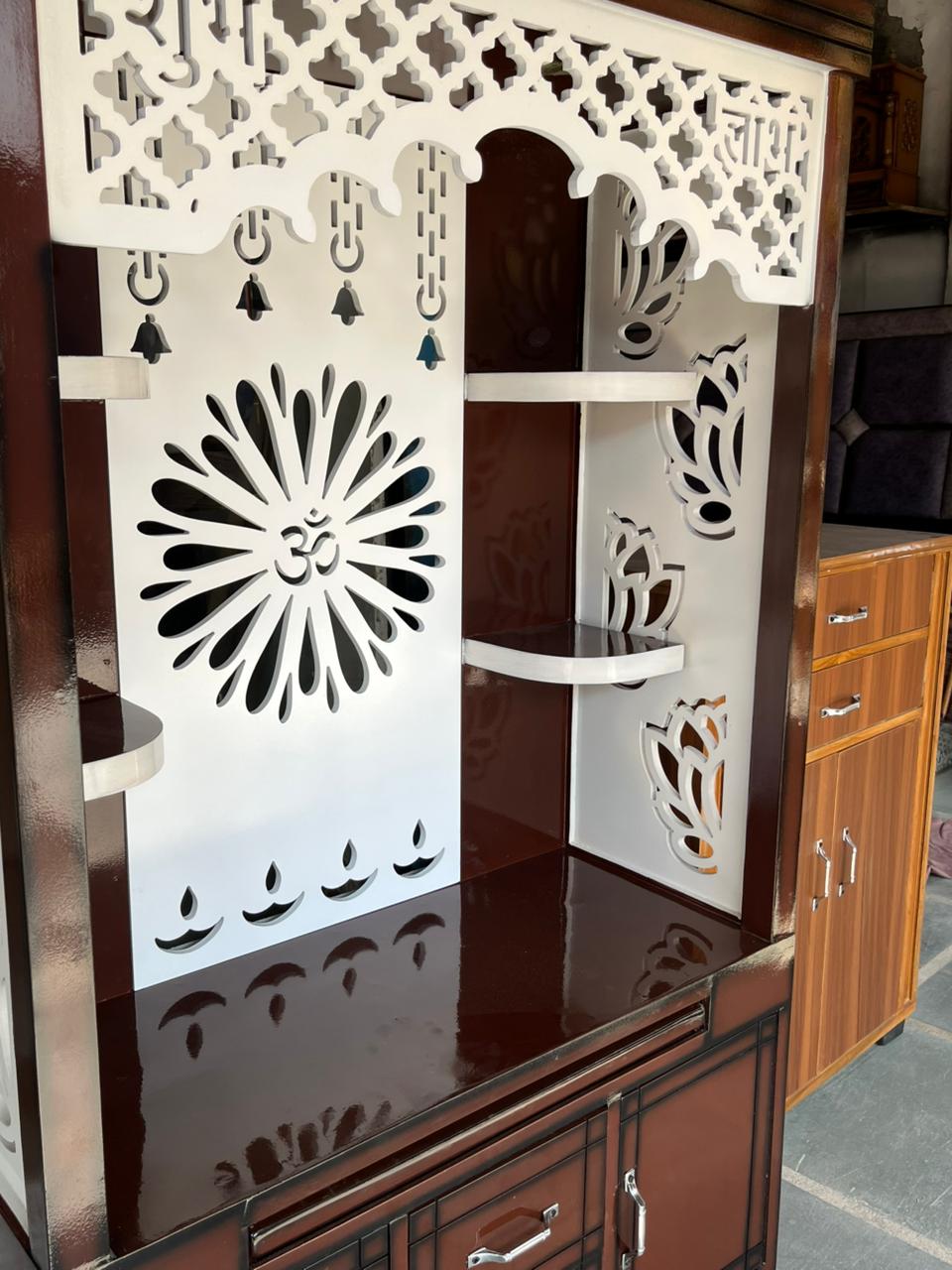 Premium Wooden Pooja Mandir with Storage & Decorative Jaali with Golden ligh Design - Image 2