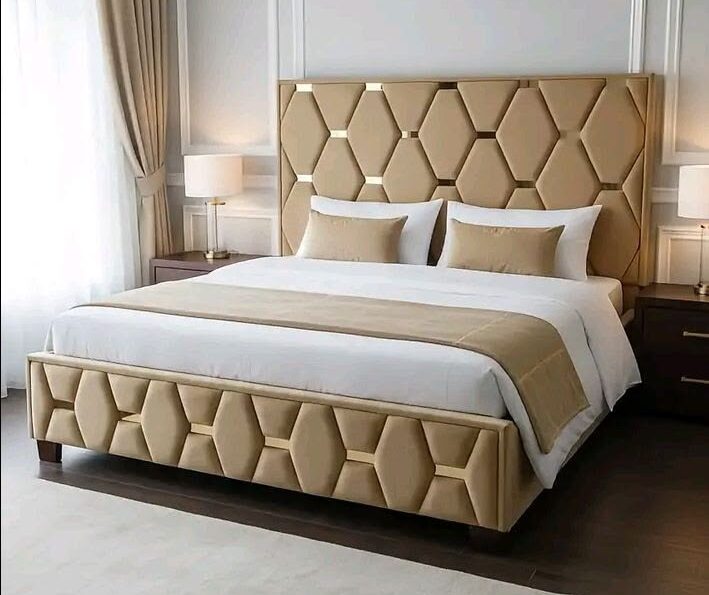 Luxury Hexagon Upholstered Bed with Designer Headboard