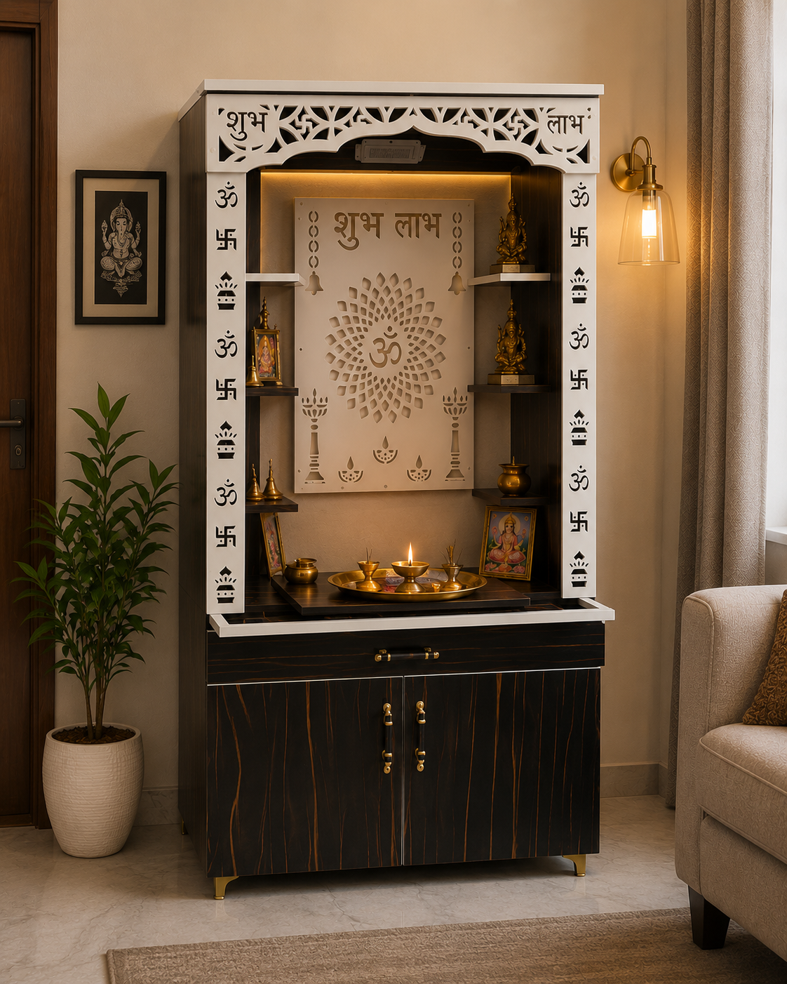 Premium Wooden Pooja Mandir with LED Om Panel and Storage