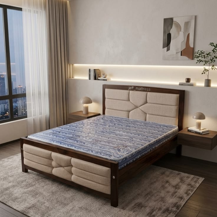 Modern Tufted Wooden Bed Frame with Cross-Pattern Headboard