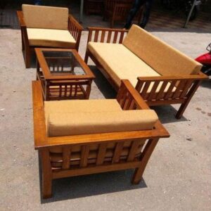 Premium Solid Wood 5-Seater Sofa Set with Glass-Top Center Table | Traditional Wooden Couch Setup for Living Room