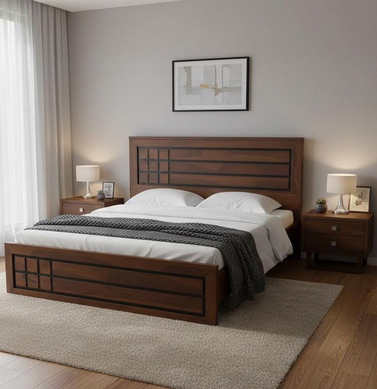 Modern Solid Wood Platform Bed with Geometric Panel Design