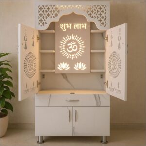 Modern White Pooja Mandir with LED Om Panel and Storage