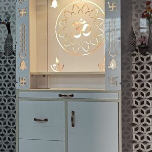 Modern White LED Pooja Mandir with Storage Cabinet