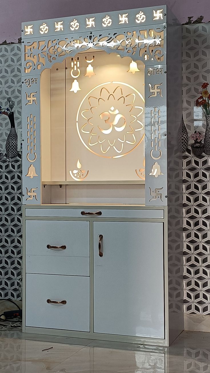 Modern White LED Pooja Mandir with Storage Cabinet