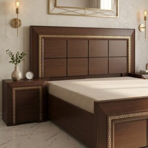 Royal Greek Key Pattern Solid Wooden Bed with Gold Inlay