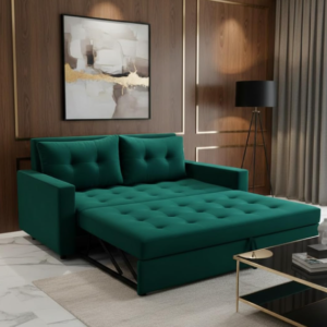 Premium Velvet Pull-Out Sofa Cum Bed with Button Tufting | 3-Seater Convertible Sofa Bed for Living Room & Guest Room