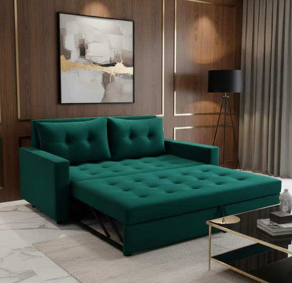Premium Velvet Pull-Out Sofa Cum Bed with Button Tufting | 3-Seater Convertible Sofa Bed for Living Room & Guest Room