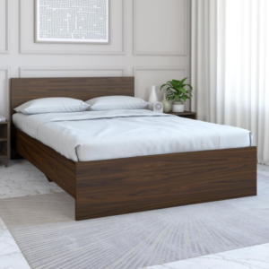 Premium Walnut Wood Double Bed with Minimalist Headboard | Modern Queen/King Size Bed for Master Bedroom