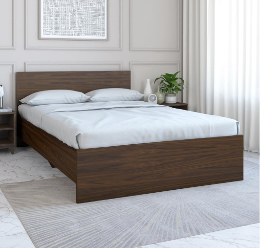 Premium Walnut Wood Double Bed with Minimalist Headboard | Modern Queen/King Size Bed for Master Bedroom