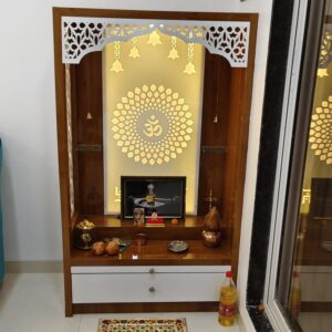 Premium Wooden Pooja Mandir with LED Backlit Om & Hanging Bells, Open Home Temple with Glass Shelves & Storage Drawer