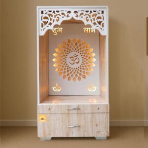 Premium Wooden Pooja Mandir with LED Backlit Om & Shubh Labh, Open Temple with Storage Drawers for Home