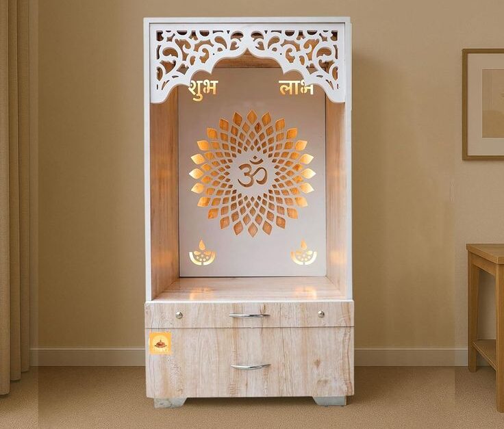 Premium Wooden Pooja Mandir with LED Backlit Om & Shubh Labh, Open Temple with Storage Drawers for Home