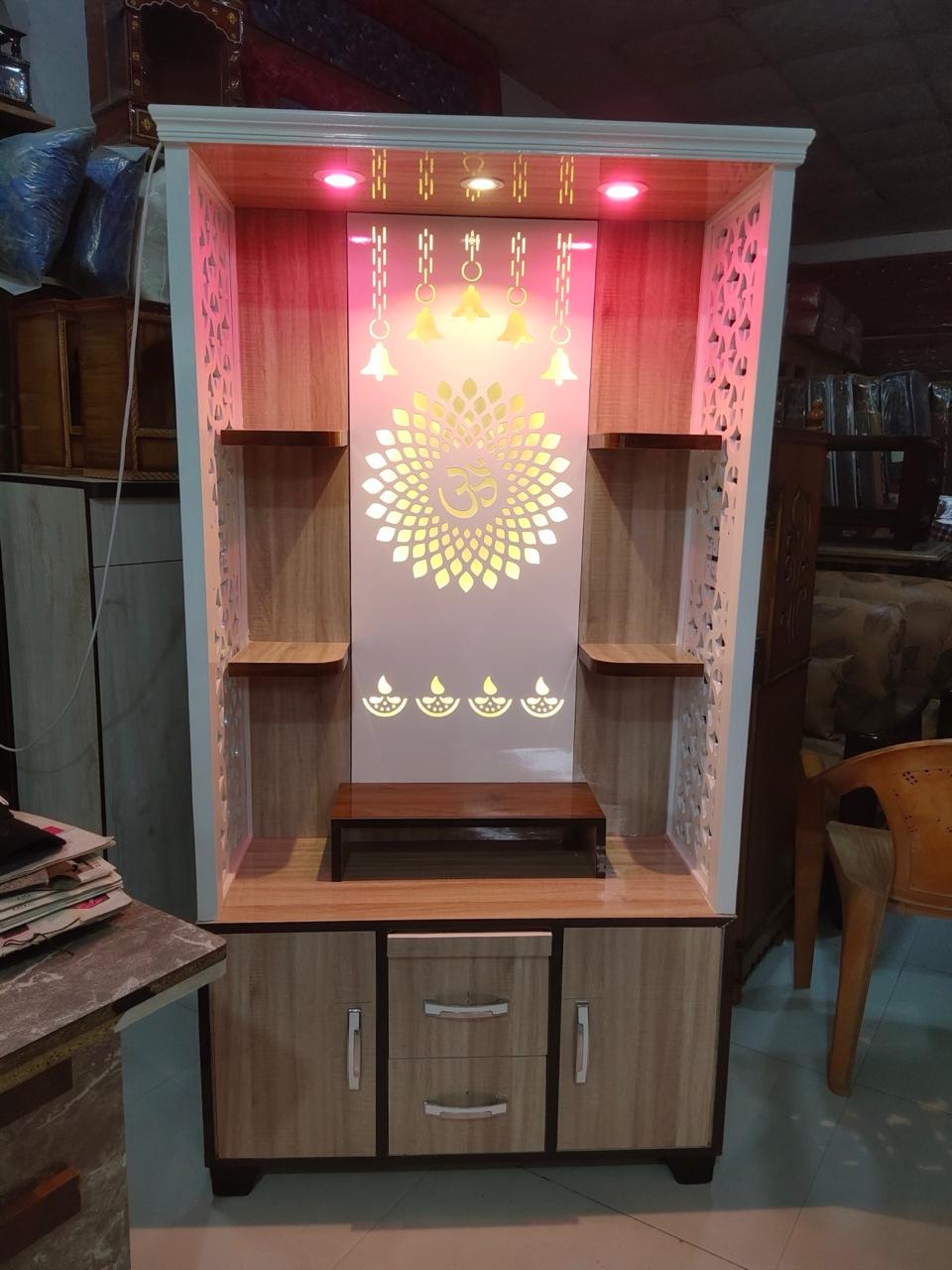 Wooden Temple for Home with LED Lights & Storage | Designer Pooja Mandir Cabinet - Image 4