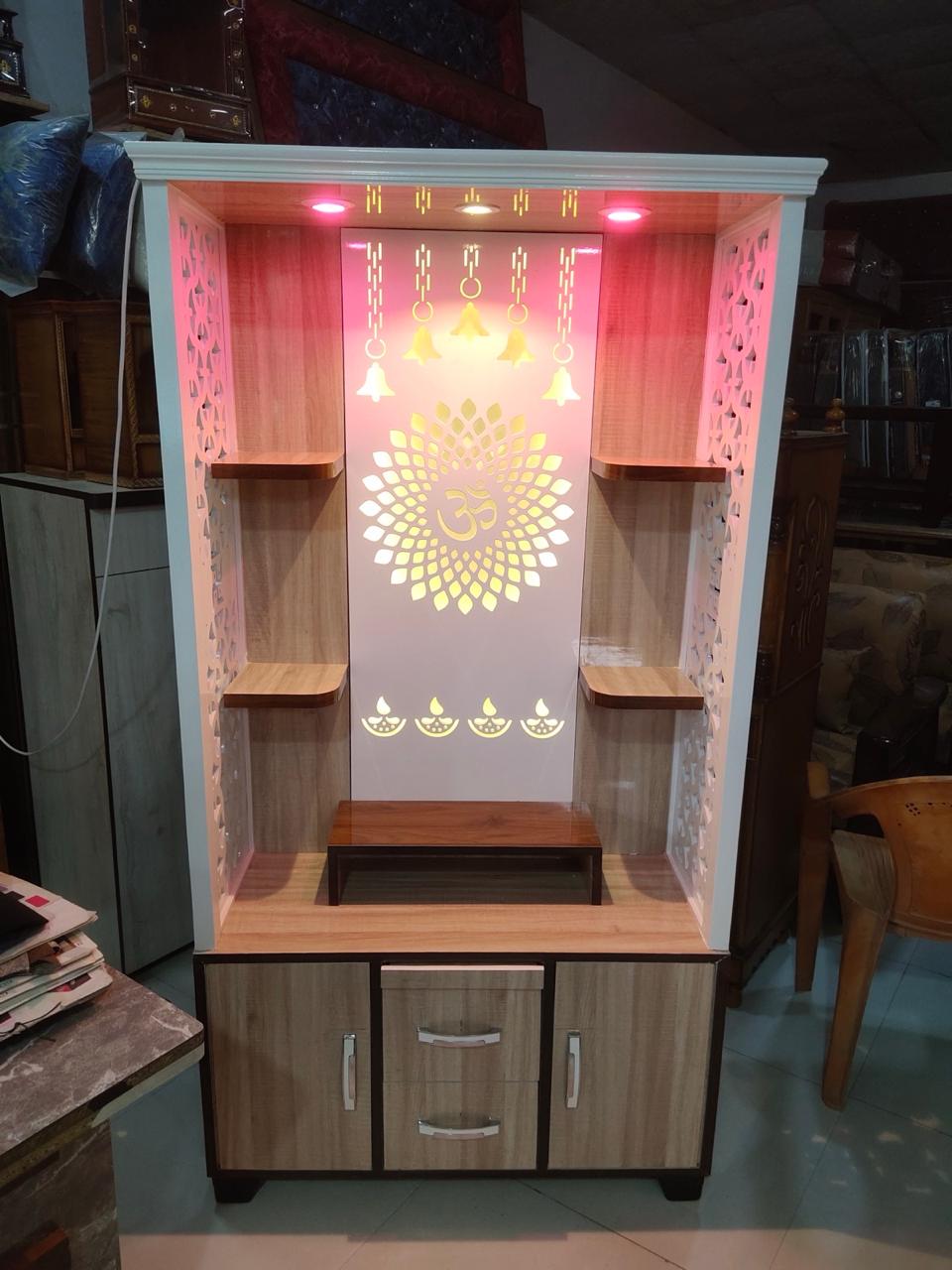 Wooden Temple for Home with LED Lights & Storage | Designer Pooja Mandir Cabinet - Image 5