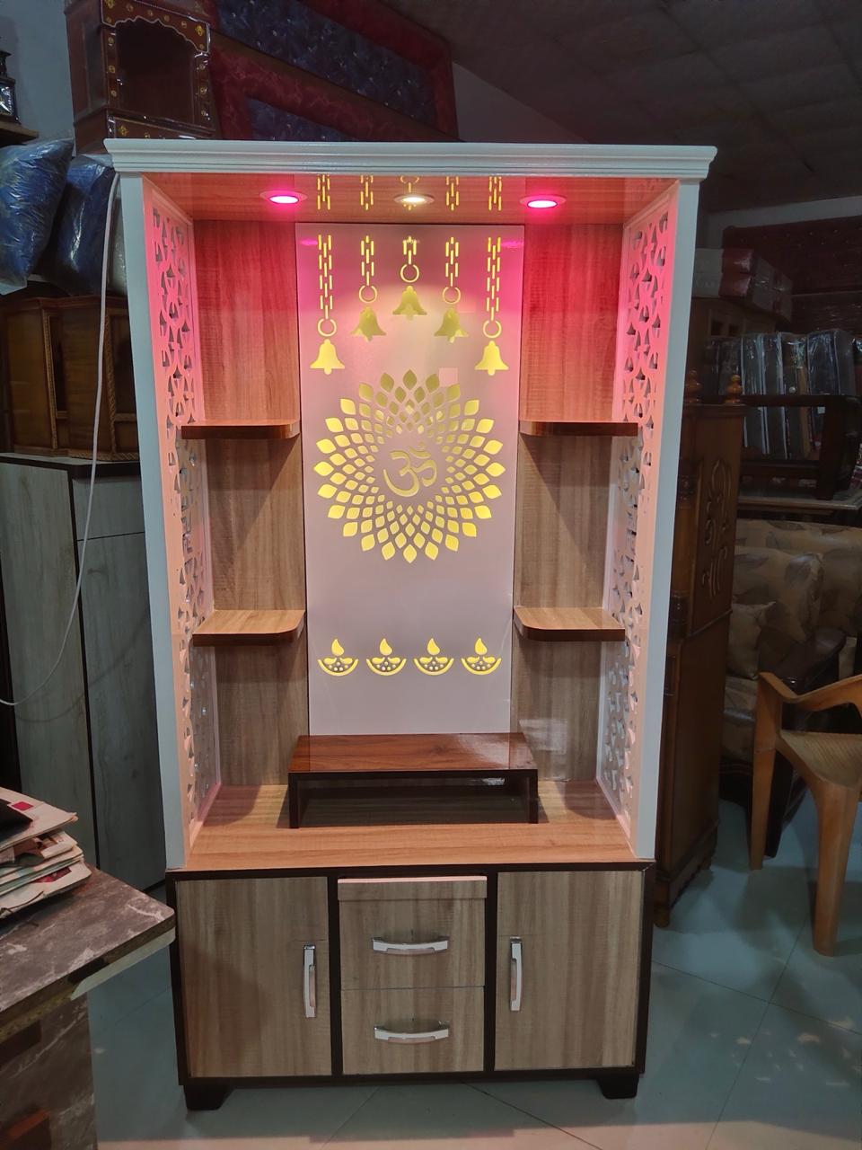 Wooden Temple for Home with LED Lights & Storage | Designer Pooja Mandir Cabinet - Image 6