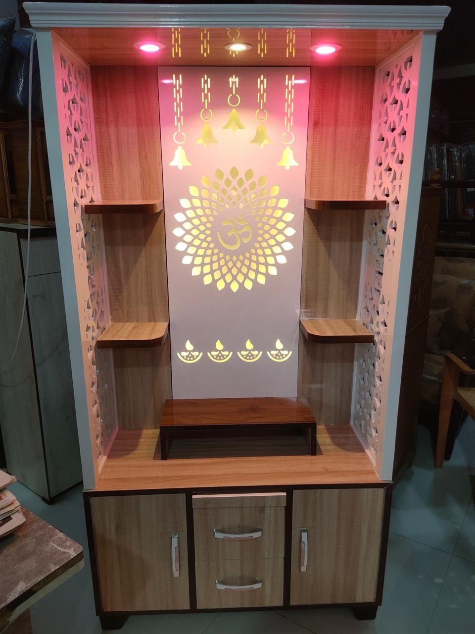 Wooden Temple for Home with LED Lights & Storage | Designer Pooja Mandir Cabinet - Image 7