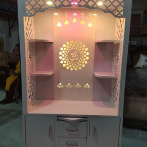 Premium White Wooden Mandir for Home with LED Lights & Storage Cabinet | Modern Pooja Temple Unit