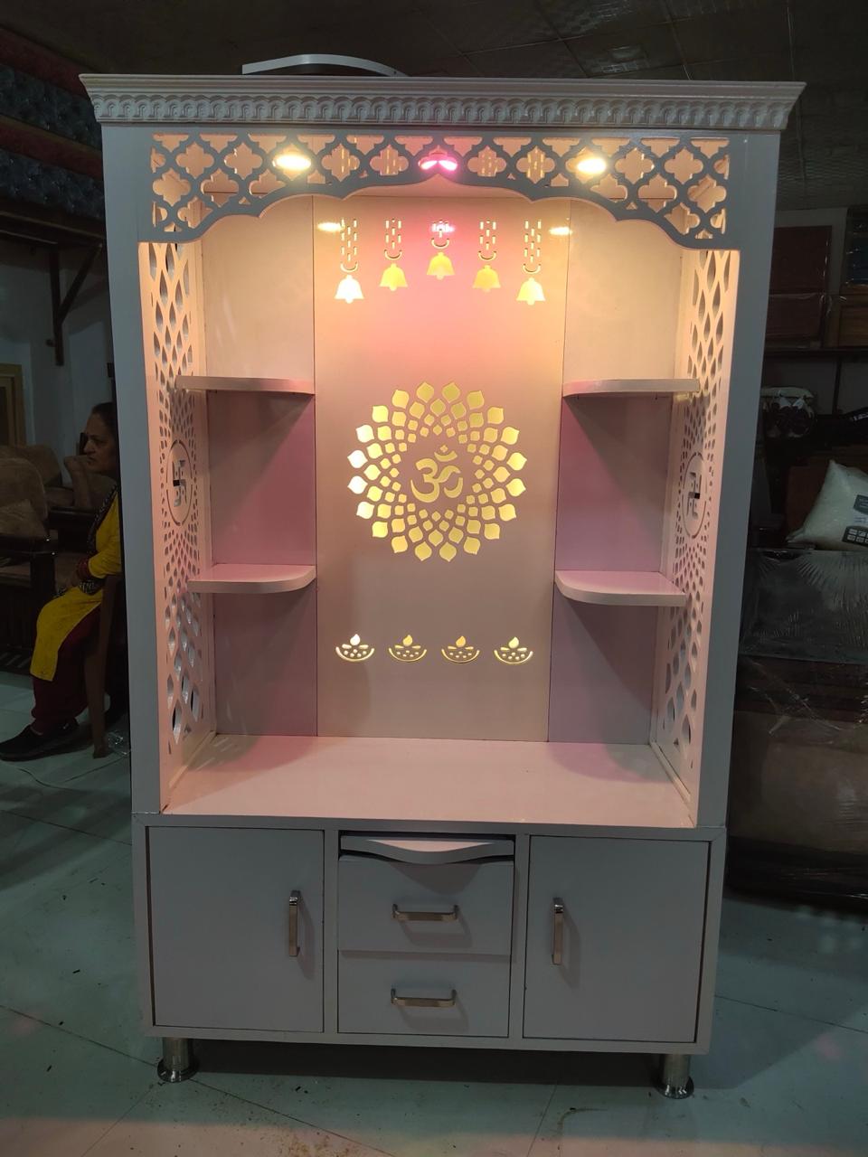 Premium White Wooden Mandir for Home with LED Lights & Storage Cabinet | Modern Pooja Temple Unit