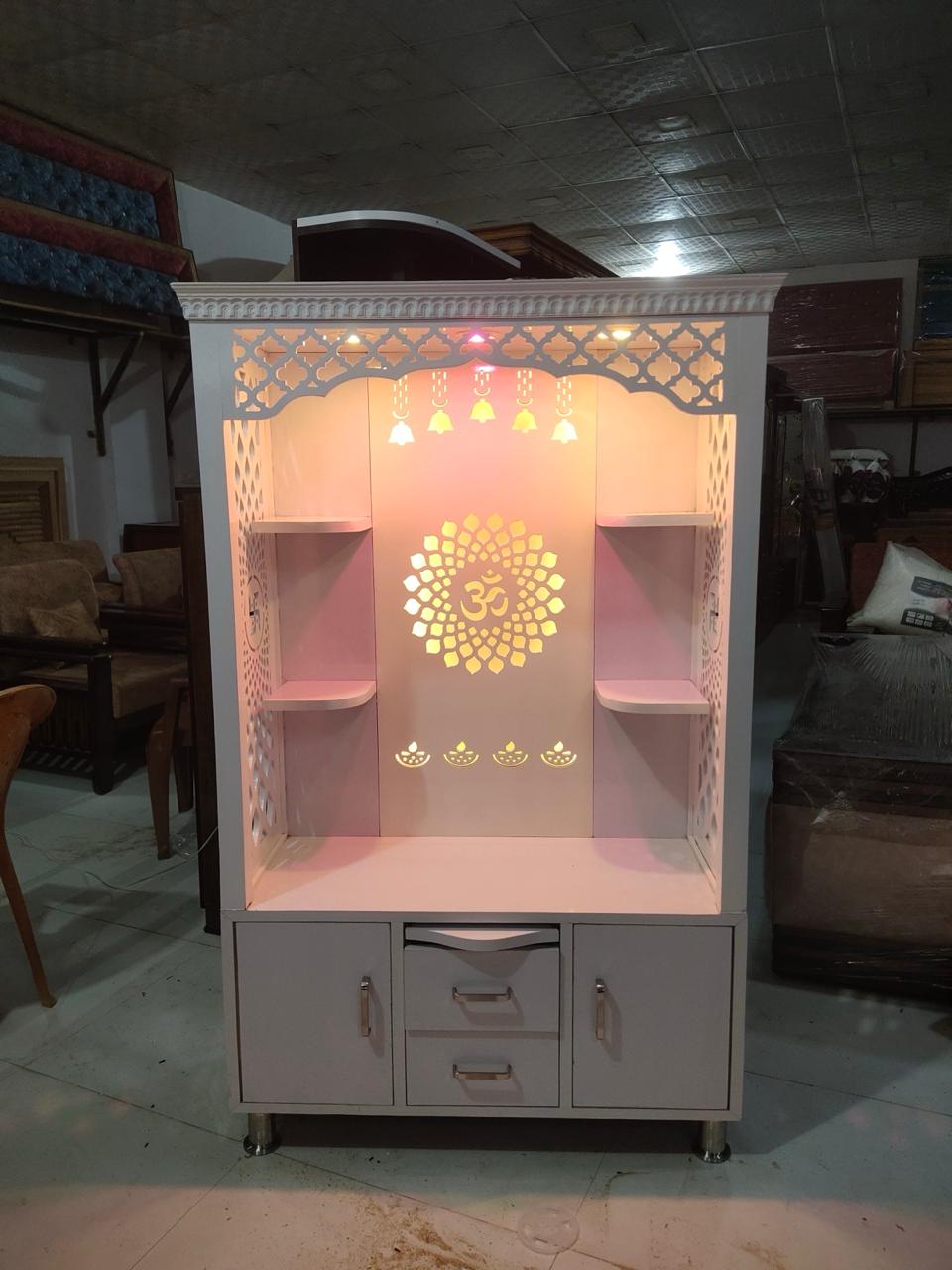 Premium White Wooden Mandir for Home with LED Lights & Storage Cabinet | Modern Pooja Temple Unit - Image 4