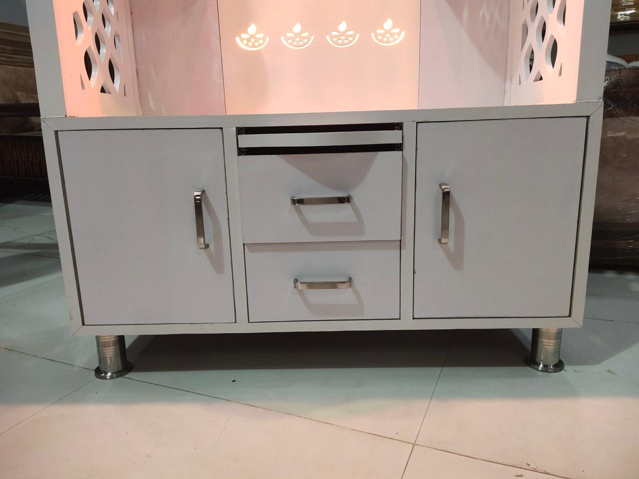 Premium White Wooden Mandir for Home with LED Lights & Storage Cabinet | Modern Pooja Temple Unit - Image 3